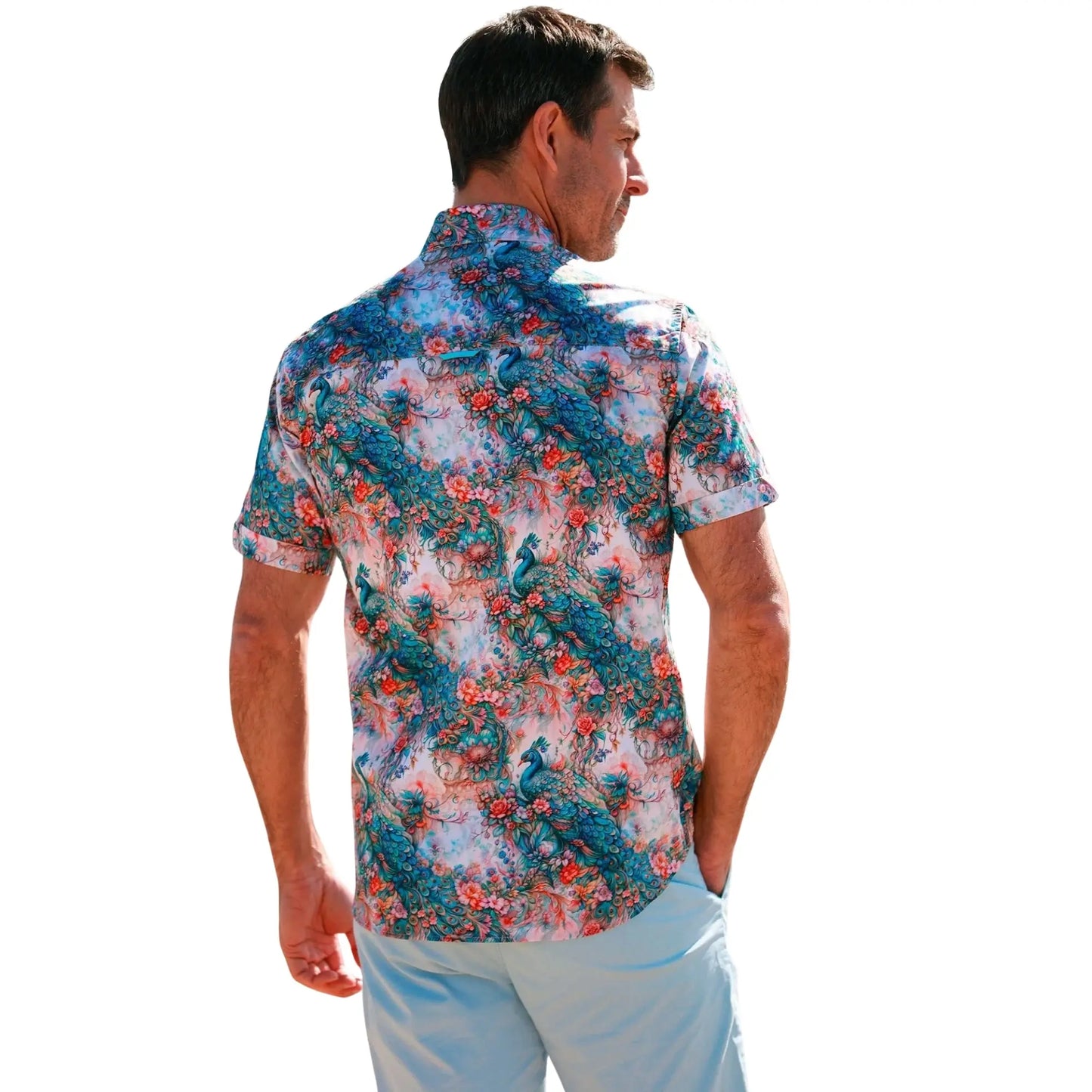 Buy Claudio Lugli Peacock Print Short Sleeve Shirt - Multi | Long-Sleeved Shirtss at Woven Durham