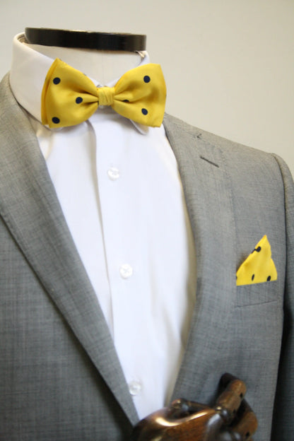 Yellow With Navy Polka Dot Silk Pre-Tied Silk Bow Tie Knightsbridge Neckwear